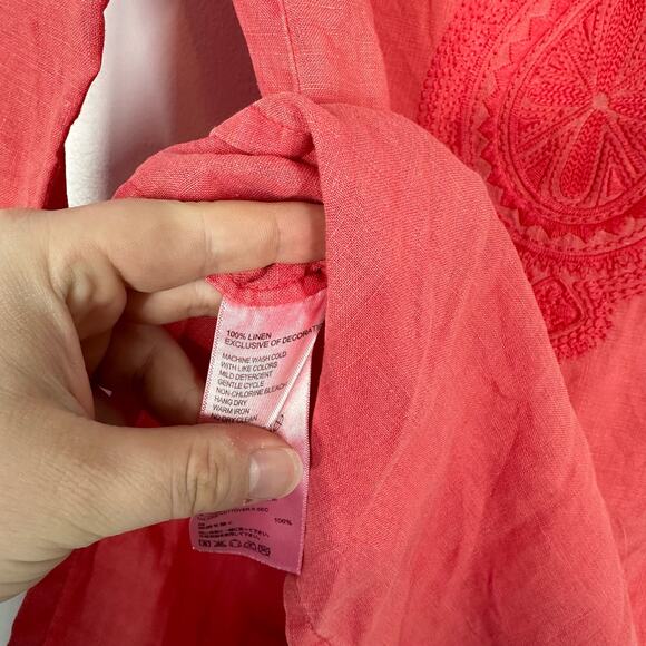Tommy Bahama 100% Linen XS Pink Embroidered V-Neck 3/4 Sleeve Lightweight Top - Picture 4 of 5